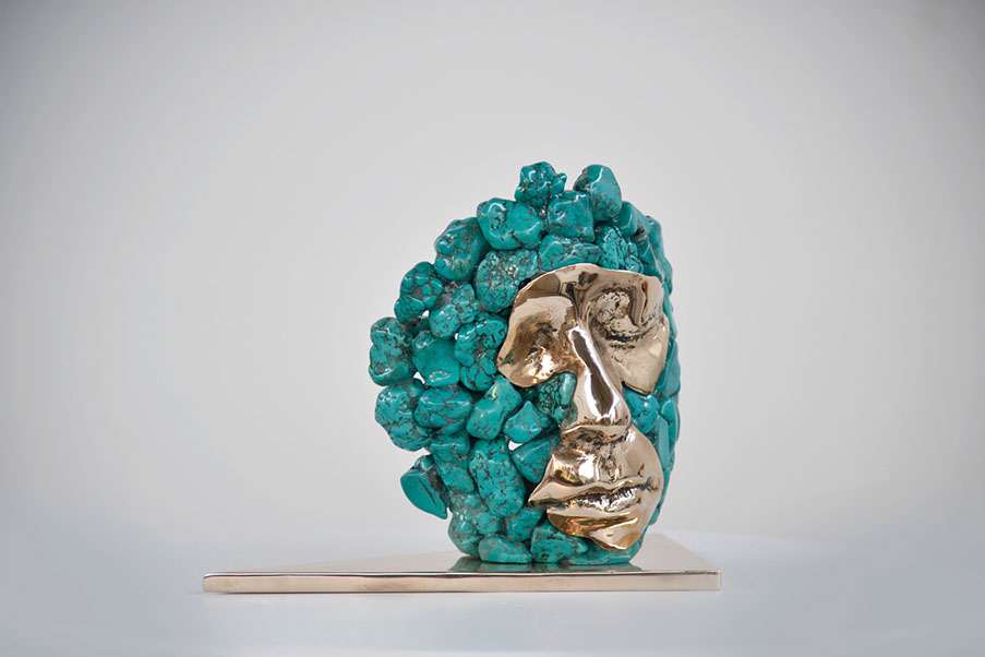 Giuseppe D'Angelo due&nbsp; sculture di visi in bronzo e howlite e marmo emperador