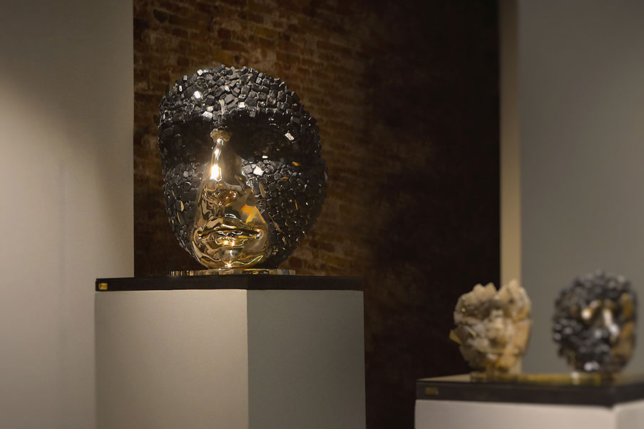 Giuseppe D'Angelo scultore, scultura viso,&nbsp; opera in tormalina e bronzo