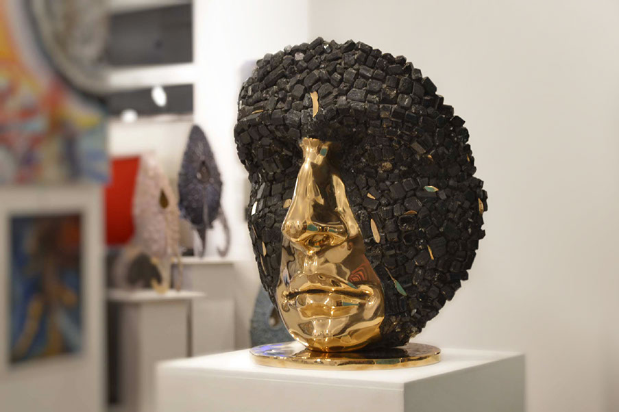 Giuseppe D'Angelo scultore, scultura viso,&nbsp; opera in tormalina nera e bronzo, luxury art